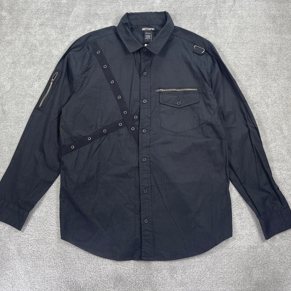 Hot Topic Shirt Button Up Men Large Black Strap Detail Woven Goth Punk